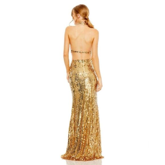 MAC DUGGAL 93976 Gold Open Back High Neck Sequin Gown Dress - Picture 7 of 15